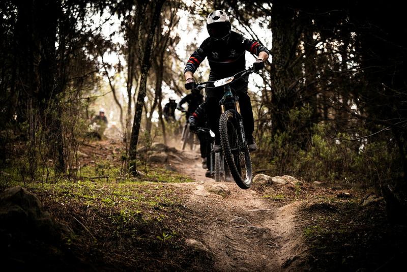 Cyclists in helmets ride down a dirt path through a dark forest