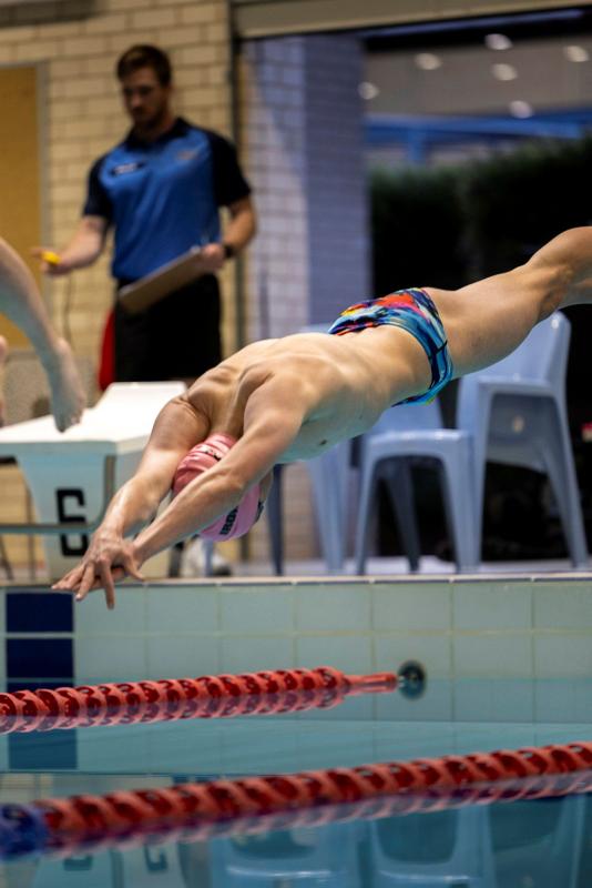 A man dives into a swimming pool.