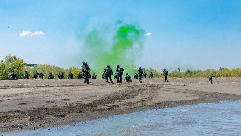 Soldiers patrol a beach, with green smoke nearby.