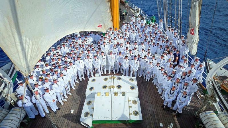 A large group of people in white uniforms stand in curved rows on the bow of a tall ship.