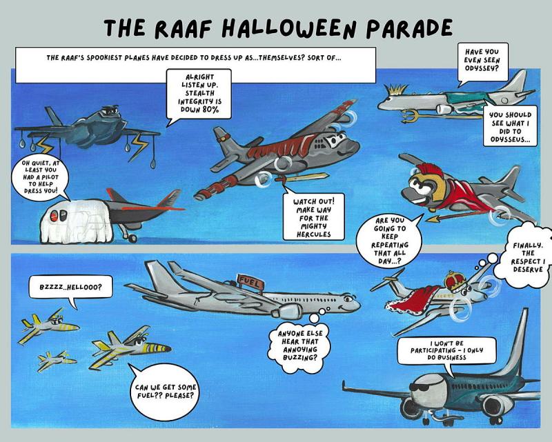 A cartoon of all Air Force aircraft wearing Halloween costumes based on their monikers