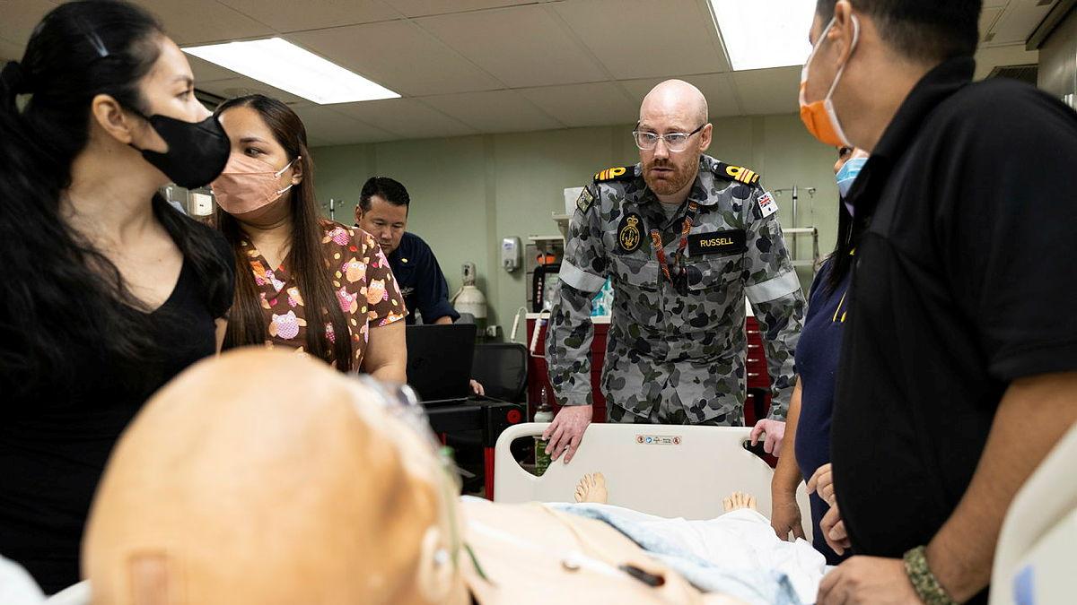 Royal Australian Navy Nursing Officer Lieutenant Commander Anthony Russell delivers a critical care training package to local healthcare workers on United States Hospital Ship USNS Mercy, Palawan, Philippines as part of Pacific Partnership 2022.