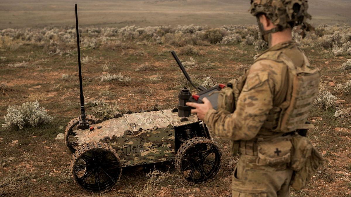 Australian Army soldier, Lance Corporal Ayden Harris-Boulton, 1st Armoured Regiment, operates the Jaeger uncrewed ground vehicle during Exercise Black Prince 3 at Cultana Training Area.