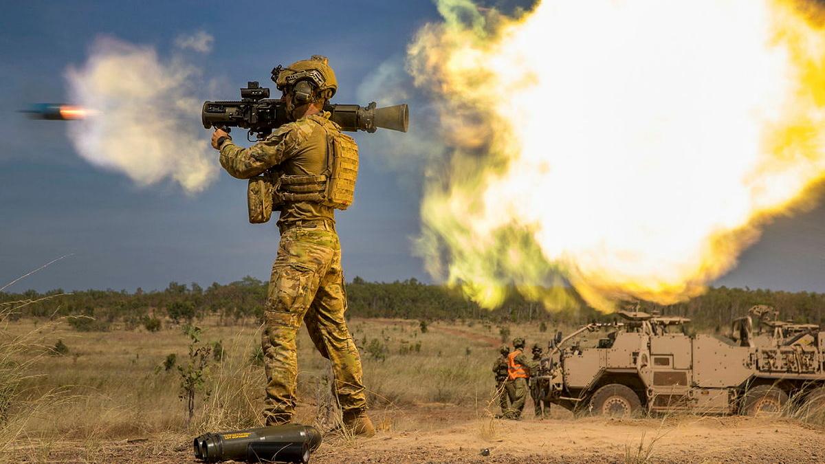 Private Malakai Williams from Direct Fire Support Weapons Platoon, 5th/7th Battalion, Royal Australian Regiment, fires a Carl-Gustaf 84mm recoilless rifle near a Supacat Vehicle during Exercise Predator’s Walk at Mount Bundey Training Area, Northern Territory, 29 May 2026.