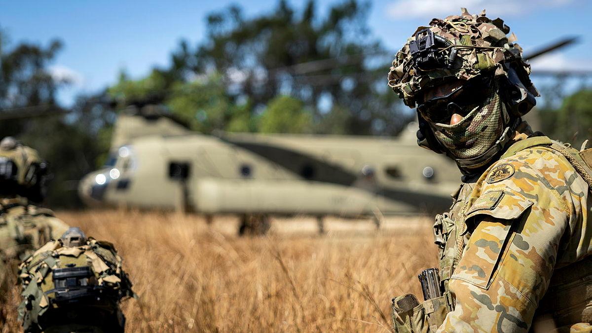 A soldier looks back as he moves towards an aircraft in a field of long grass.