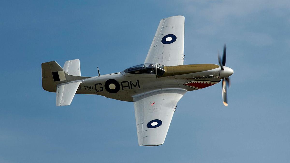 An aircraft with a shark's mouth design flies in the sky.