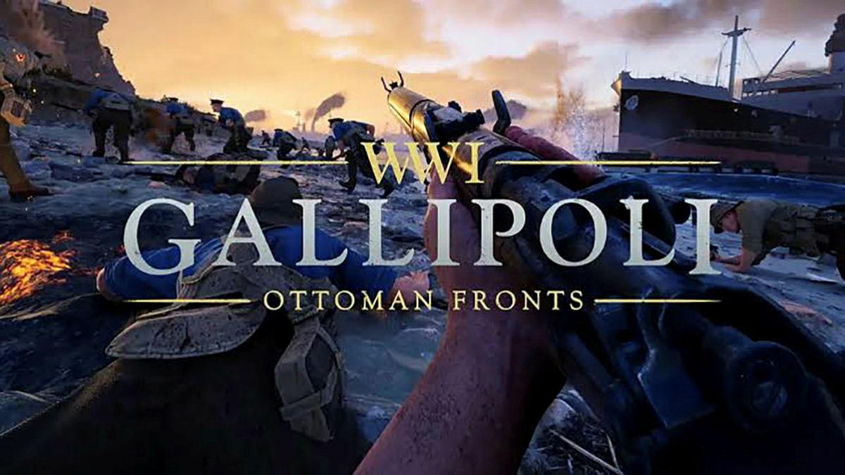An animation shows guns, people, a ship, weapons and a cloudy sky.