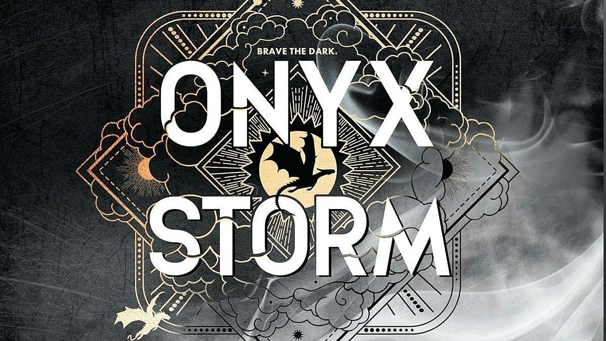 A book cover is seen with the words 'Onyx Storm' in black, white and grey with a smoky haze in front.